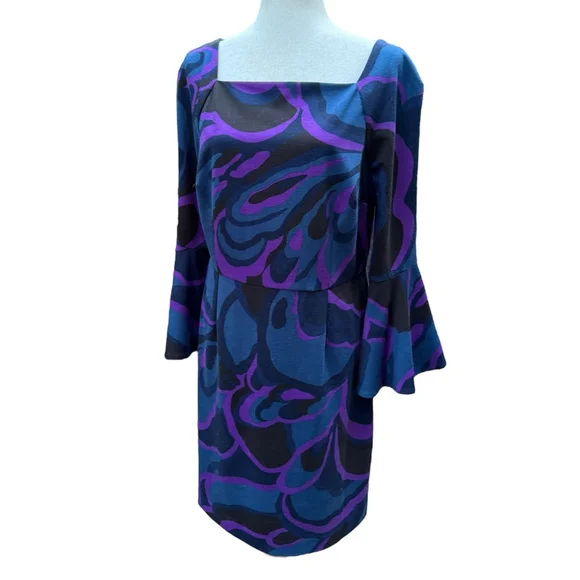 Trina Turk Size 14 Bell Sleeve Dress | Purple & Blue Swirl Geometric Mod Print - Picture 11 of 11